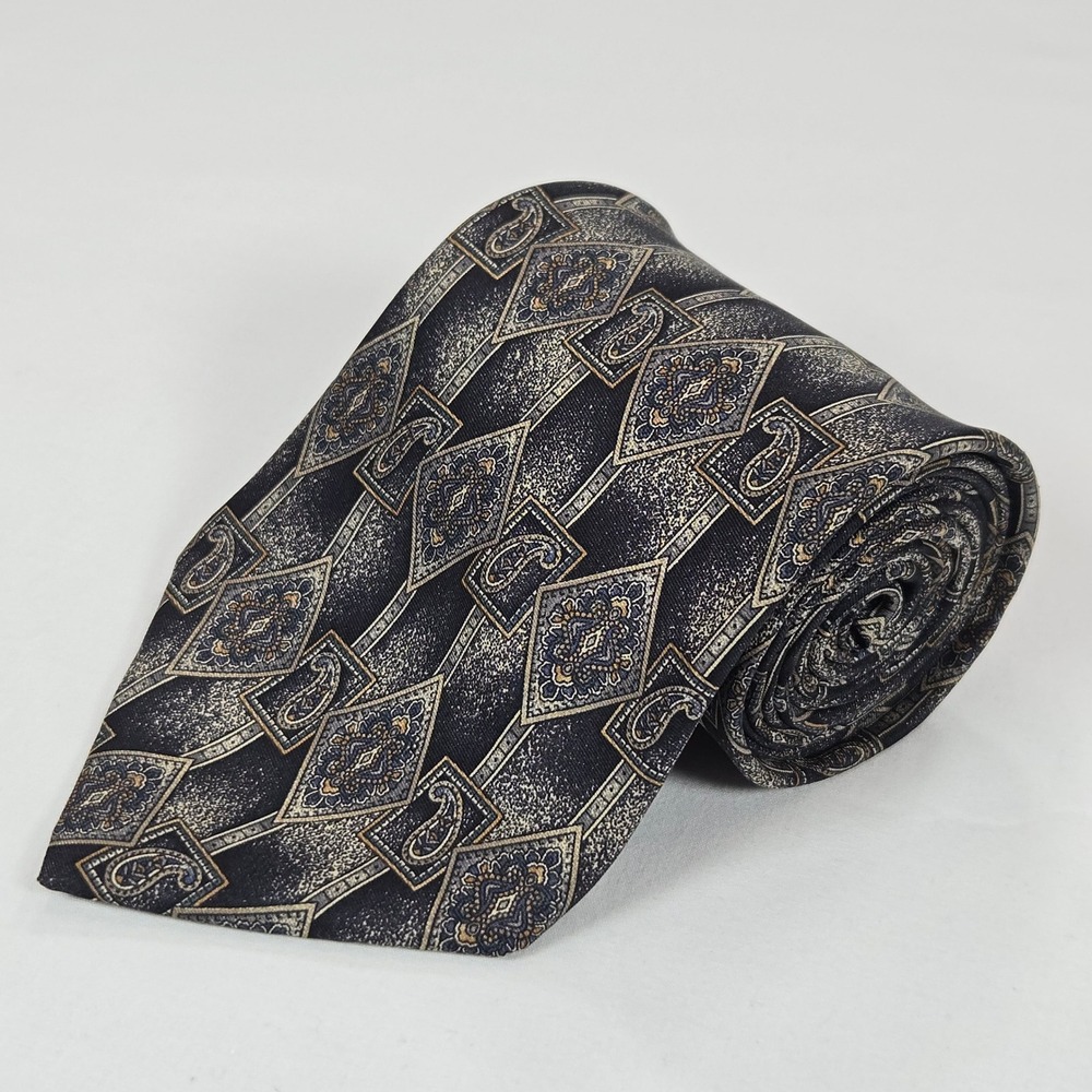 Vintage 90s Villa Bugatti Italian Silk Geometric Paisley Tie Navy Gold 3.75 x 58